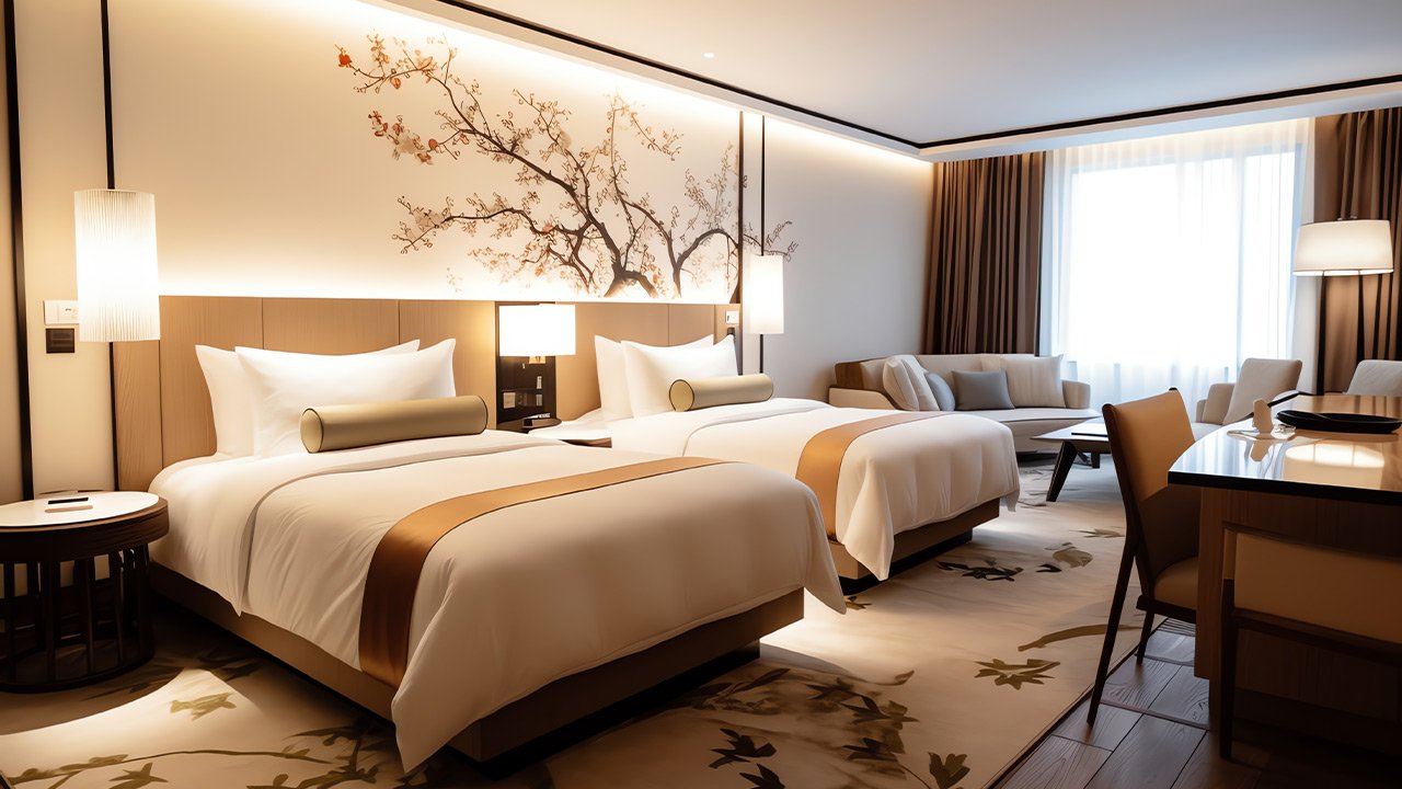 Bright hotel room with a large bed