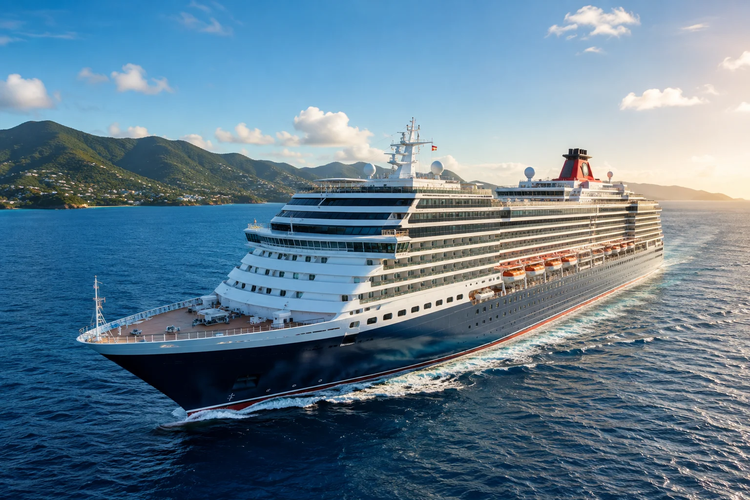 Cruise ship sailing along a green coastline