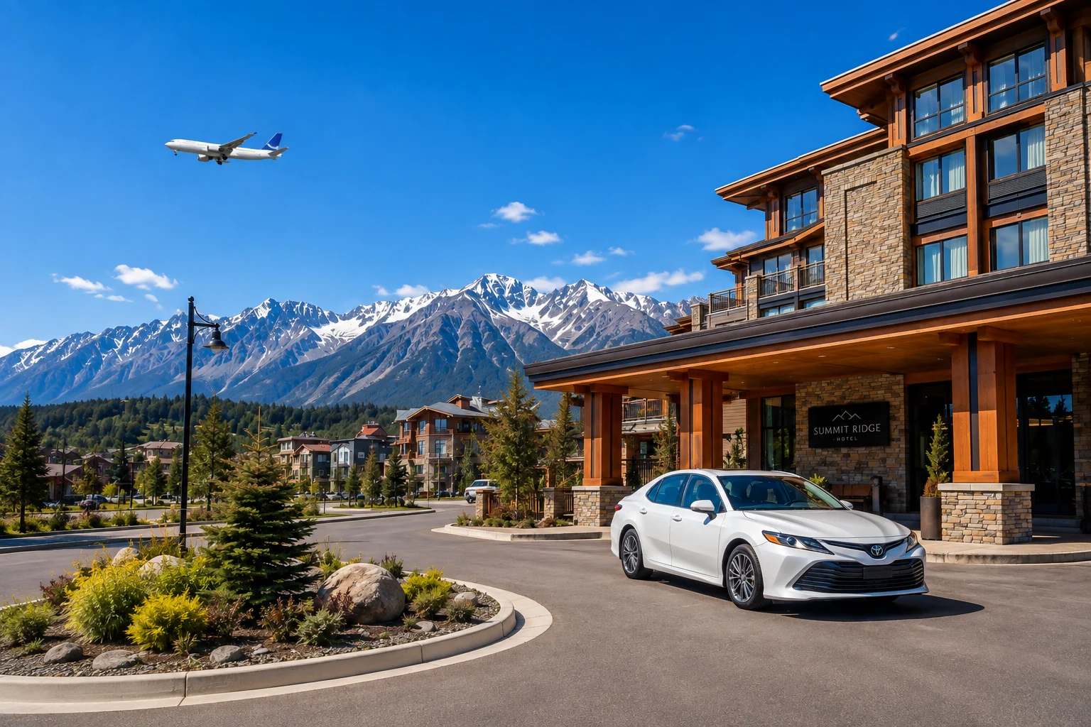 Mountain hotel with a rental car out front