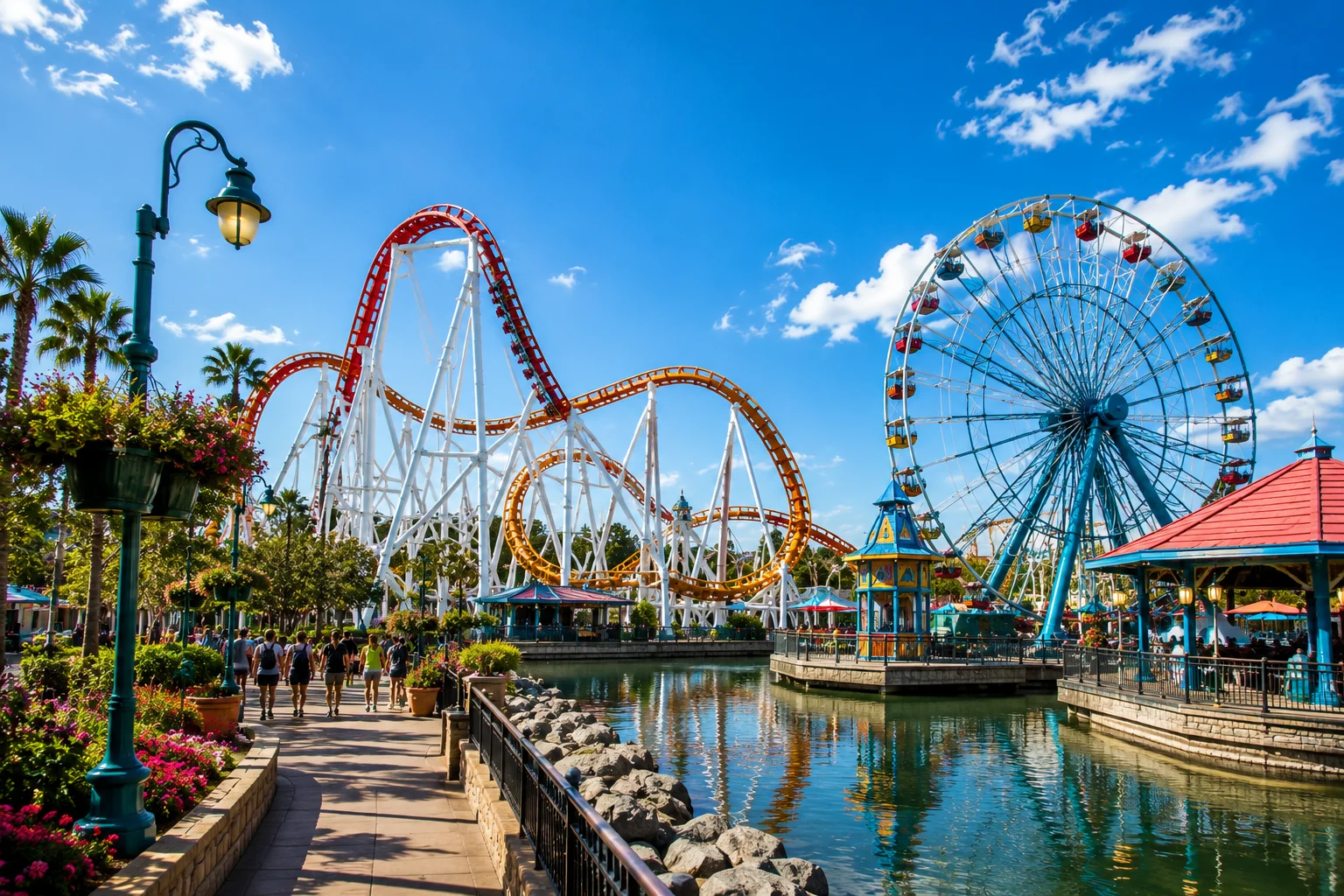 Waterfront theme park with a roller coaster and Ferris wheel