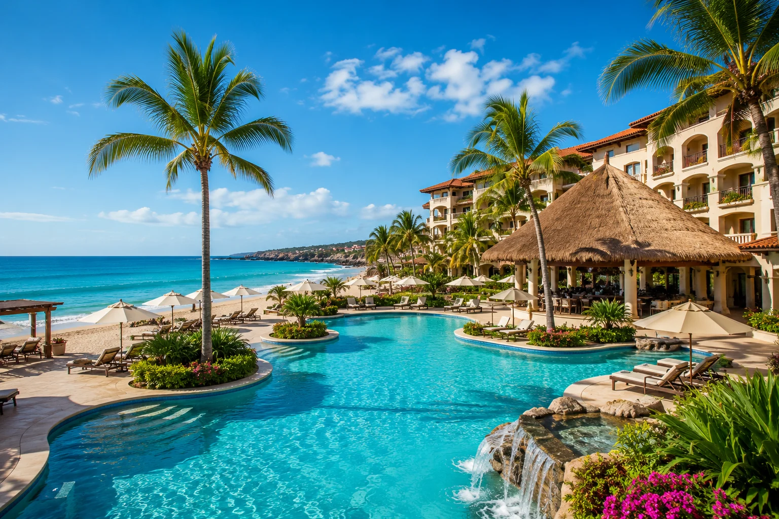 Palm-lined resort pool beside the ocean